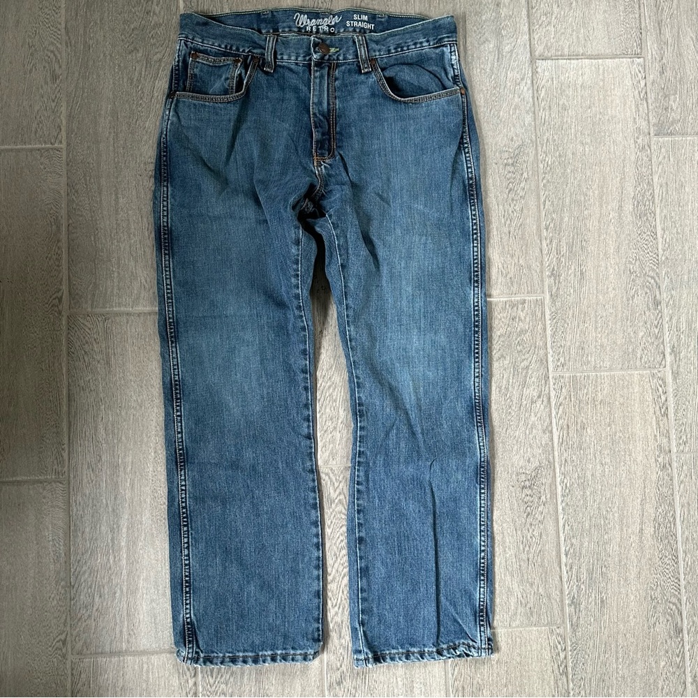 Wrangler Retro Jeans Mens 34x30 Slim Straight Blue Whisker Cowboy Faded Western